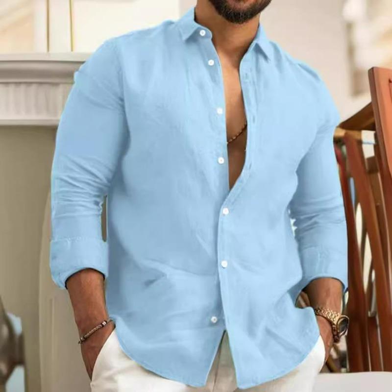 Men's Cotton Linen Long Sleeve Shirt Solid Relaxed Fit Casual Everyday Button Up Top