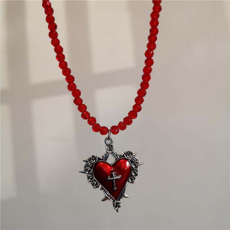 Y2K Gothic Jewelry Heart Rose Cross Pendant Black Beaded Chain Rivet Necklace For Women Men Punk Vintage Grunge Neck Accessories