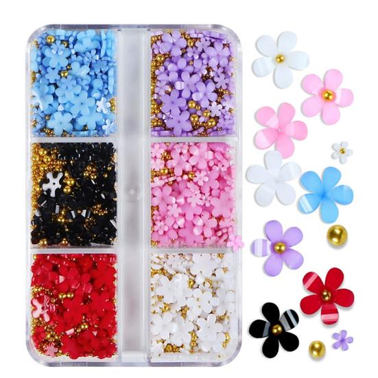 1 Box 3D Flower Nail Art Charm 6 Grids Resin Floral Charms Golden Beads DIY Nail Design Jewelry Crafts Manicure Decoration Accessories