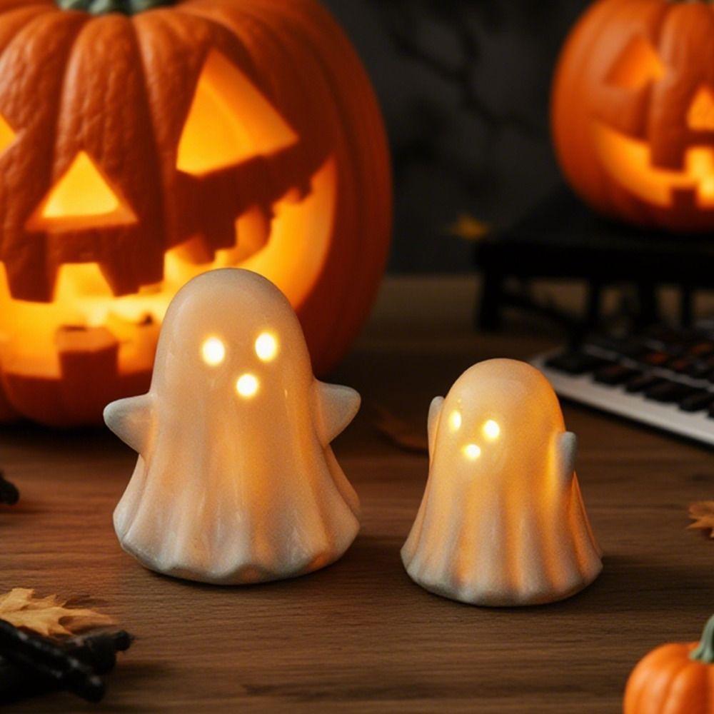 2pcs Ceramic Halloween LED Ghost Ornaments Cartoon Halloween Party Decoration  Bedroom