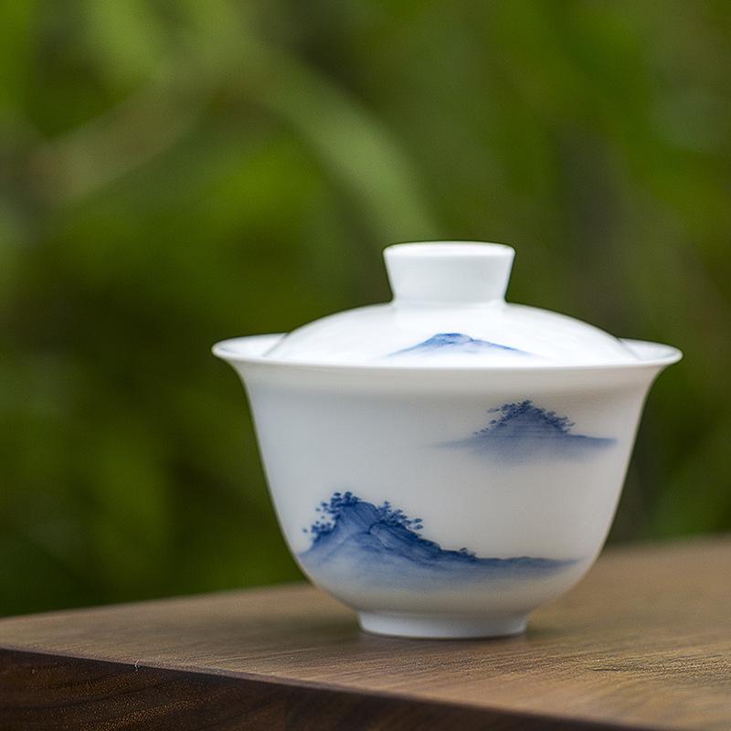 Porcelain Jade Mud Gaiwan Hand-painted Sancai Covered Bowl Chinese Kung Fu Tea Set Blue and White Teaware Teacups Tea Ceremony