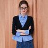 Bailuyu Women's Color Block Faux Two-Piece Lapel Long Sleeve T-Shirt