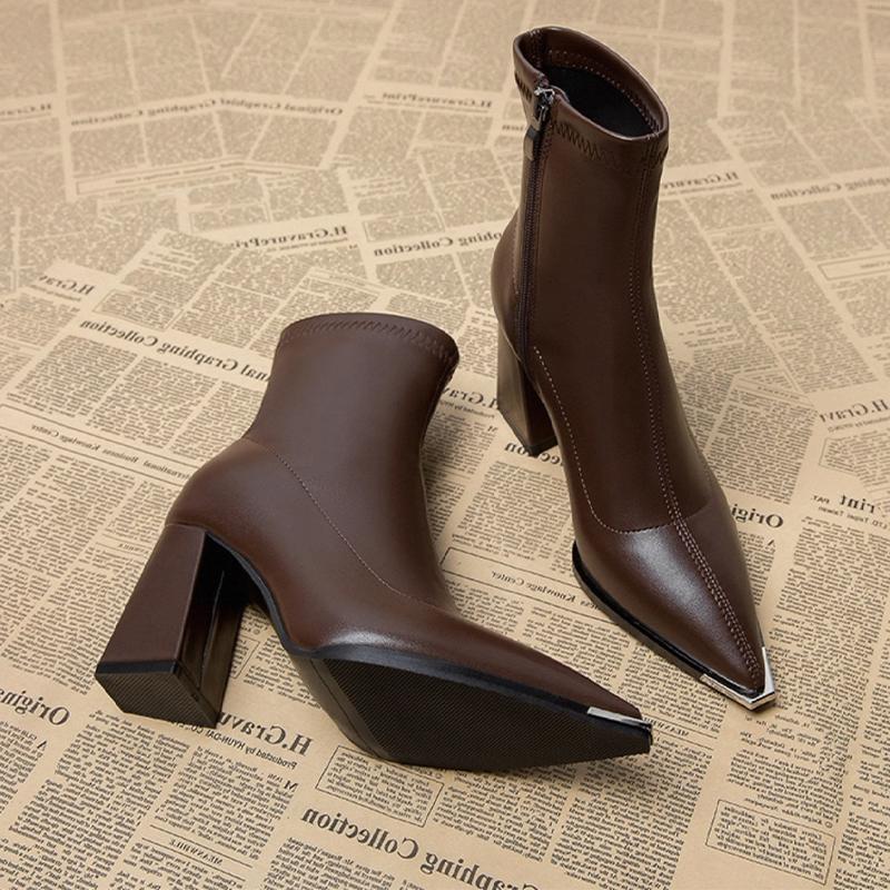 

Модные женские ботильоны на высоком каблуке с острым носком, дизайнерская обувь, массивные роскошные туфли для платья, зимние ботинки 2025, новые сексуальные туфли-лодочки Mujer Botas 42 темно-коричневого