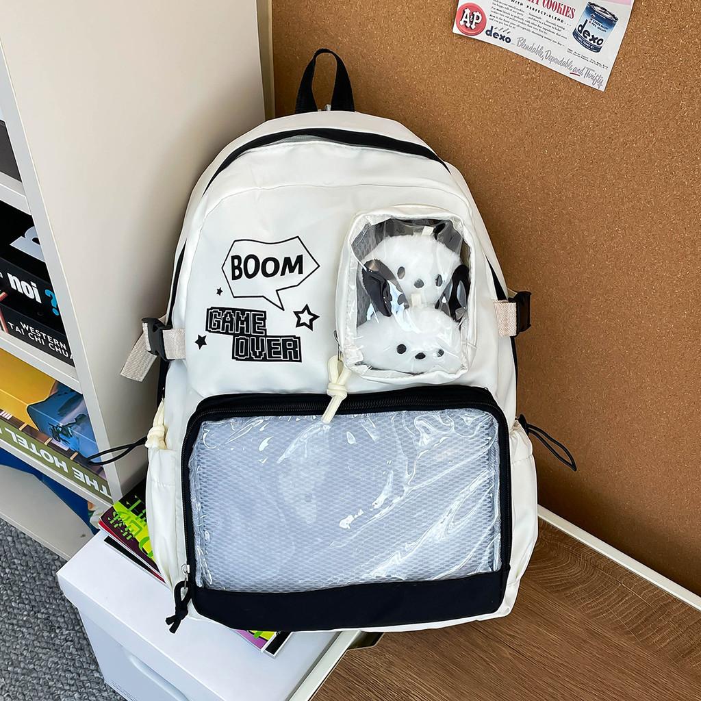 Classroom Backpack Lightweight Nylon With Letter Print And Transparent Layer Design For Teen Use