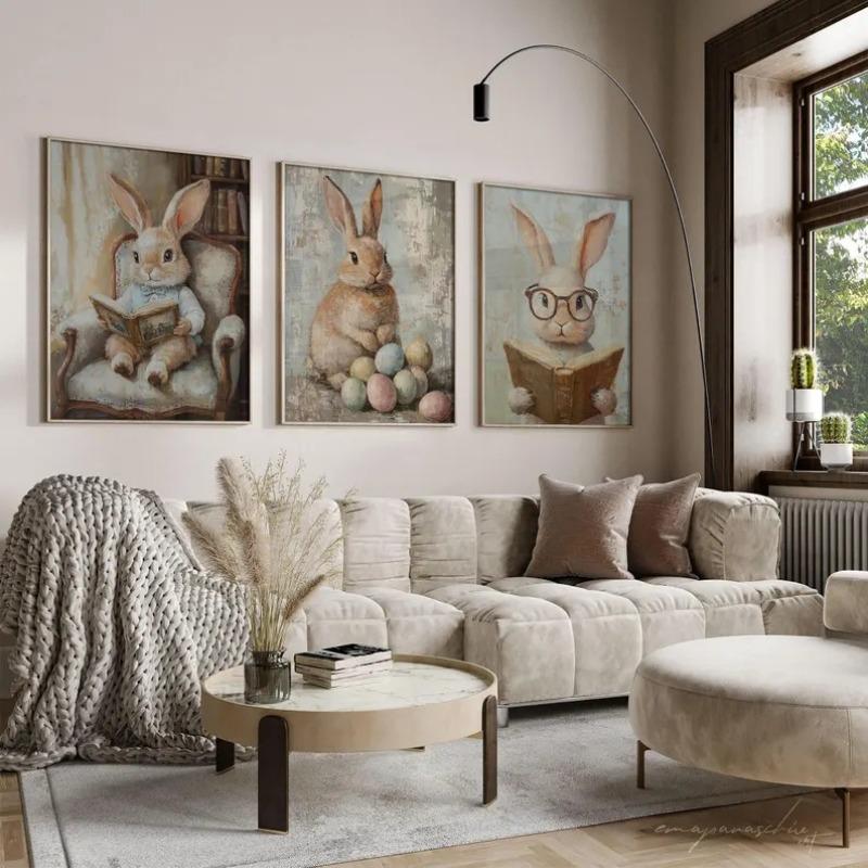Spring Prints, Set of 6 Spring Gallery Wall Art,Vintage Easter Bunny Painting, Farmhouse Easter Paintings,Farmhouse Poster Decor