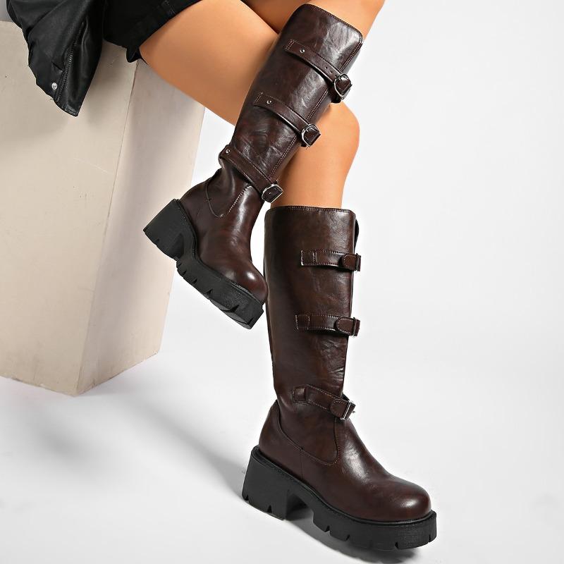 NEW  Autumn platform cowhide Riding boots Pull-on Chunky heels Belt buckle Knee high boots Large size Women's Boots