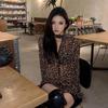 Leopard Print Mid-Length V-Neck Long-Sleeve Chiffon Women's Shirt with Waist Cinching