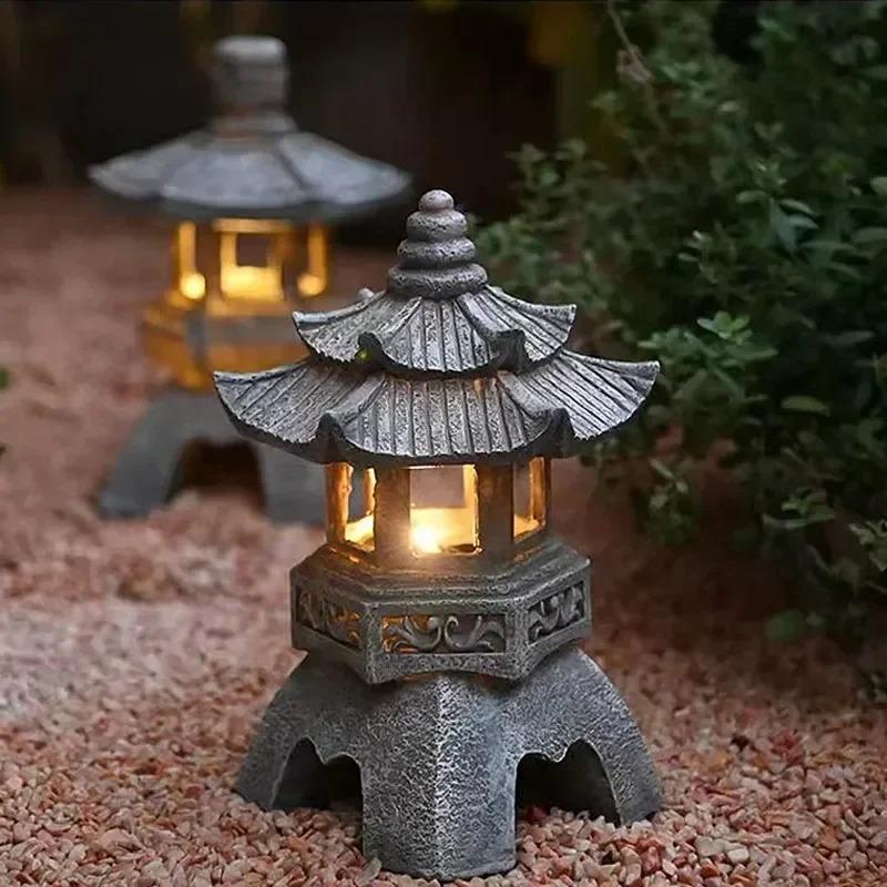Solar LED Pagoda Lantern for Balcony Garden, Outdoor Statue Light, Japanese Resin Landscape, Decorative Lamp Ornament