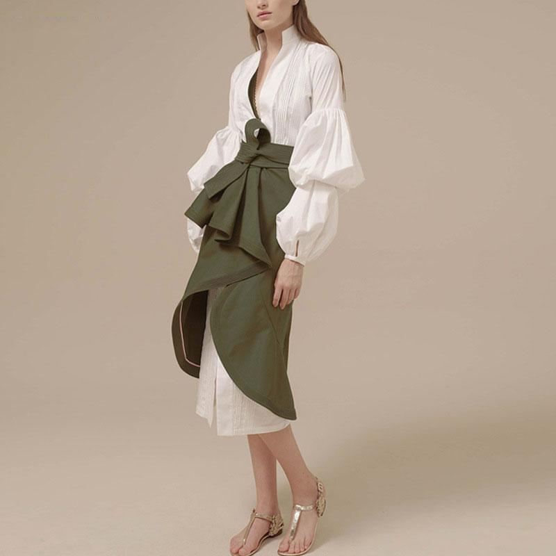 

XITAO Необычное плиссированное платье Женское Новое Стойка воротник Рукава-буфы ZY3560 L белый