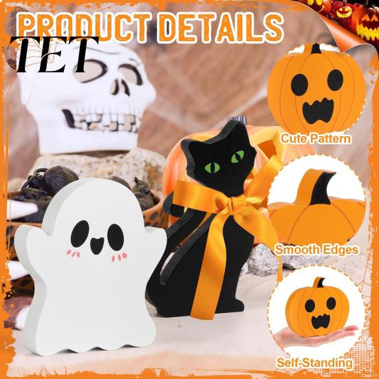 Wooden Ghost Pumpkin Black Cat Ornaments 3Pcs/Set Halloween Tiered Tray Decorations, Cute Small Figurine Set Ornaments, Block Table Signs for