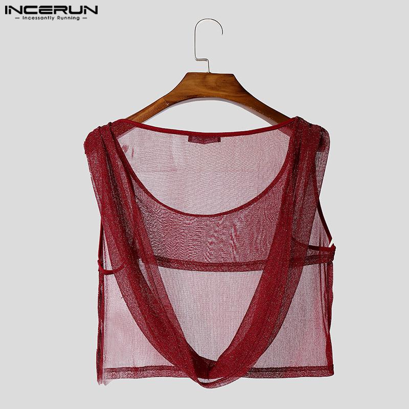 INCERUN Men Sleeveless Glitter Mesh See Through Cropped Hooded Tank Tops Partywear
