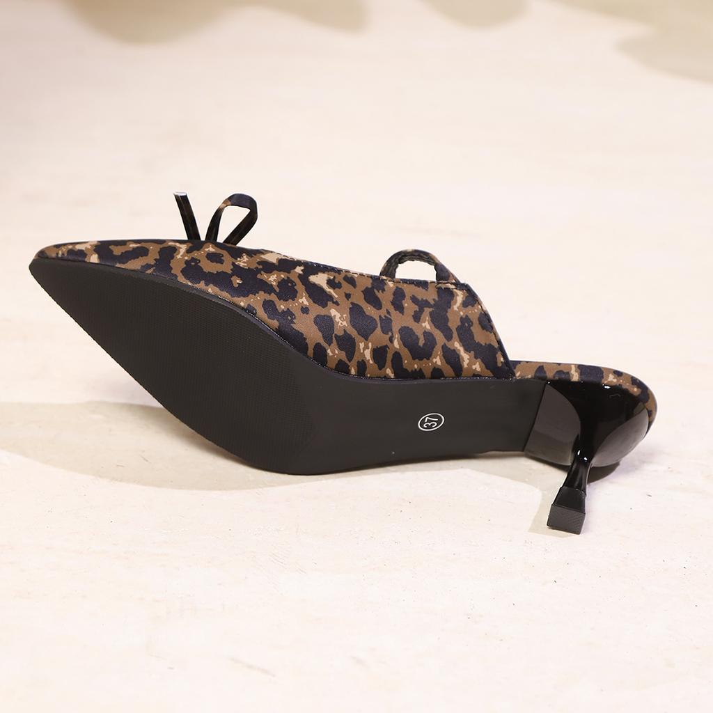 Fashion Elegant Leopard Mid Heels Bow Slippers Fashion Sandals Summer Pointed Toe Sexy Pumps Women Shoes Dress Designer Zapatillas