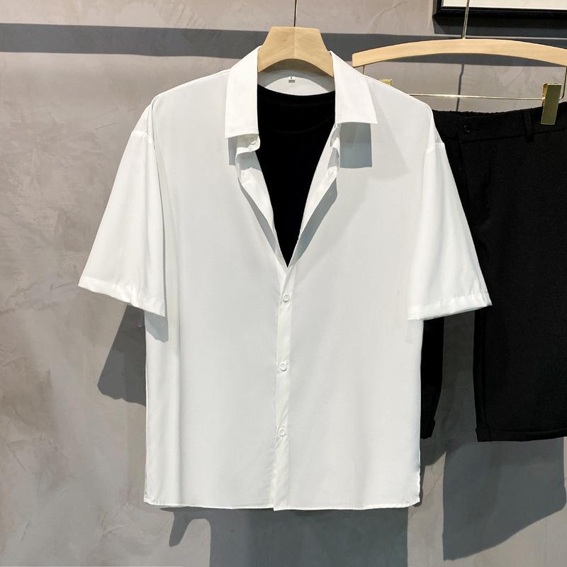 Men's Spring and Summer Lapel Solid Color Short-sleeved Loose Shirt Casual Comfortable Breathable Retro Drape Button Jacket