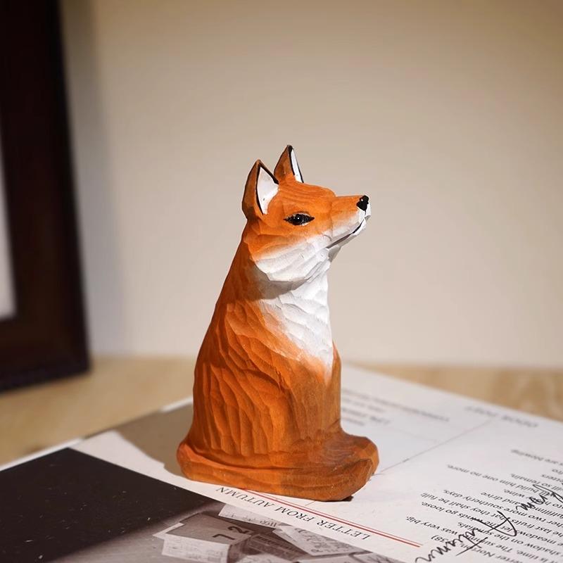 Handcrafted wood carving Fox Statue Cute Fox Figurines Desk Ornament Decorations Accessories Animal Sculpture Home Decor Crafts