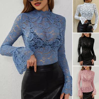 Women Tops Stand Collar Flared Long Sleeve Slim Fit Shirt Solid Color See-through Hollow Embroidery Lace Flower Pattern Tops