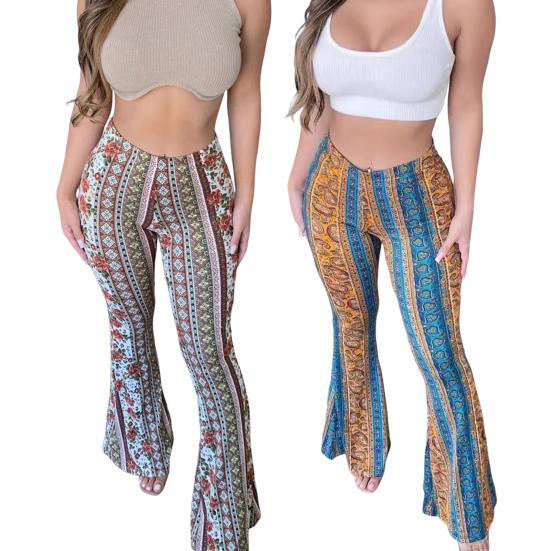 Floral Print Long Flared Pants Retro High Elastic Sexy Casual Trousers Streetwear