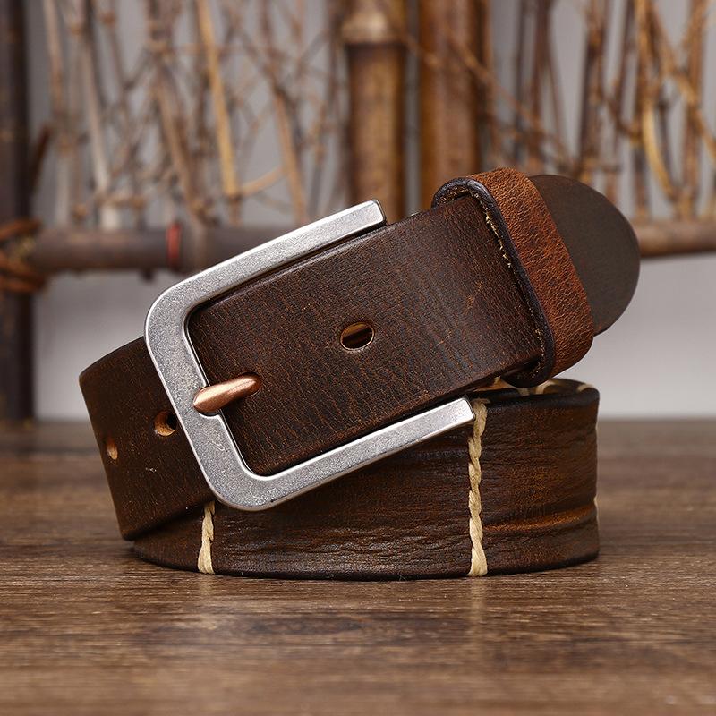 Thick Thread Decorative Genuine Leather Pure Cowhide Personality Trendy Versatile Men's Pin Buckle Jeans Belt