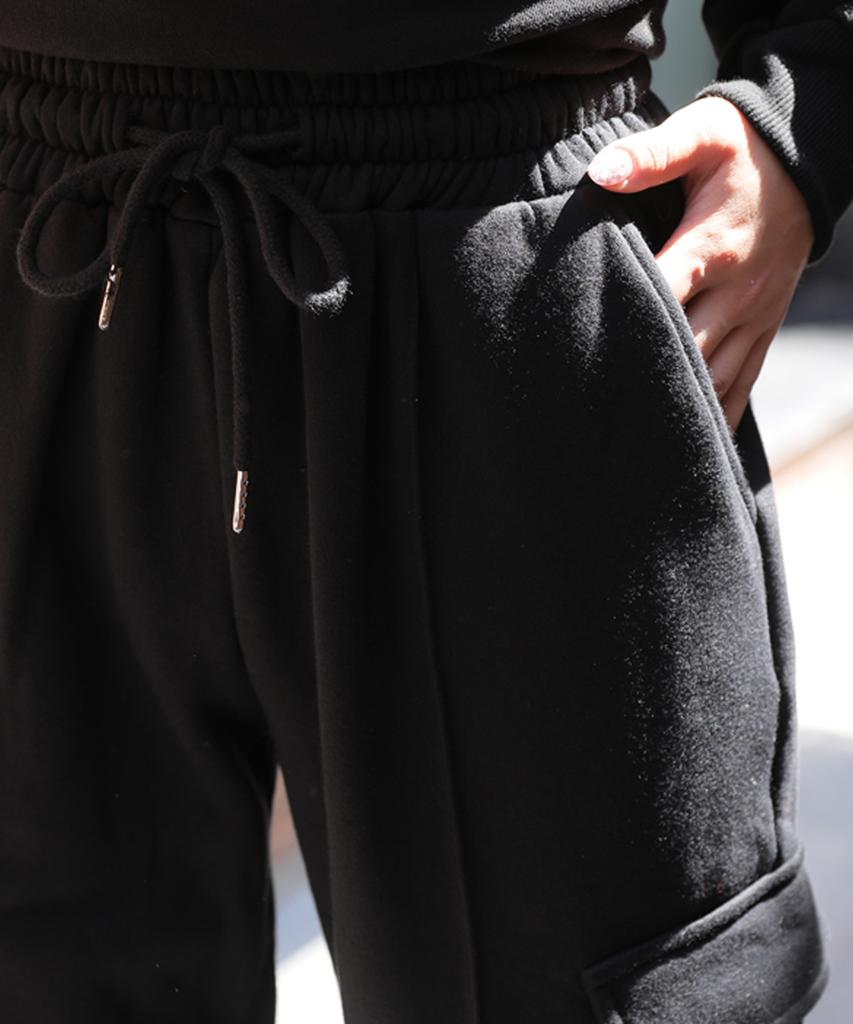 Jikeulib Warm Fleece-Lined String Elastic Pocket Cargo Contrast Hem Long Sock Jogger Pants