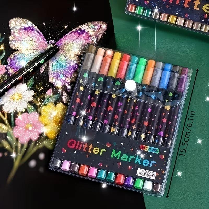 Double Head Glitter Marker Pens Quick Drying Fine Tip Art Pen Set Scrapbook Journal Coloring Drawing Supplies
