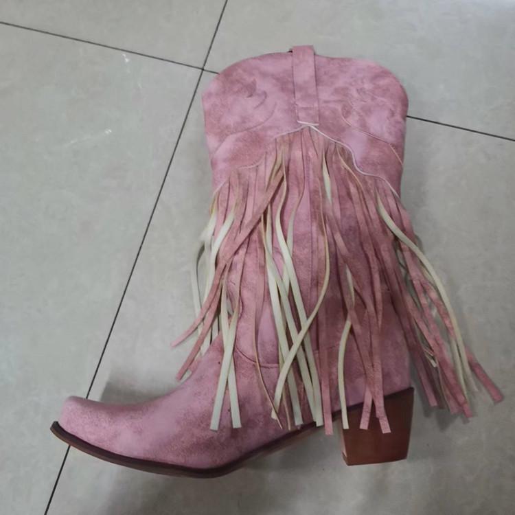 Women's Retro Handmade Pointed Toe Mid-Calf Fringe Boots with Chunky High Heels 
