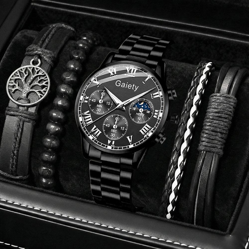 

5PCS/Set Black Men s Quartz Wrist Watches Alloy Minimalist Luxury Vintage Elegant Jewelry Y2K Party Dress Holiday Festival Gift чорний