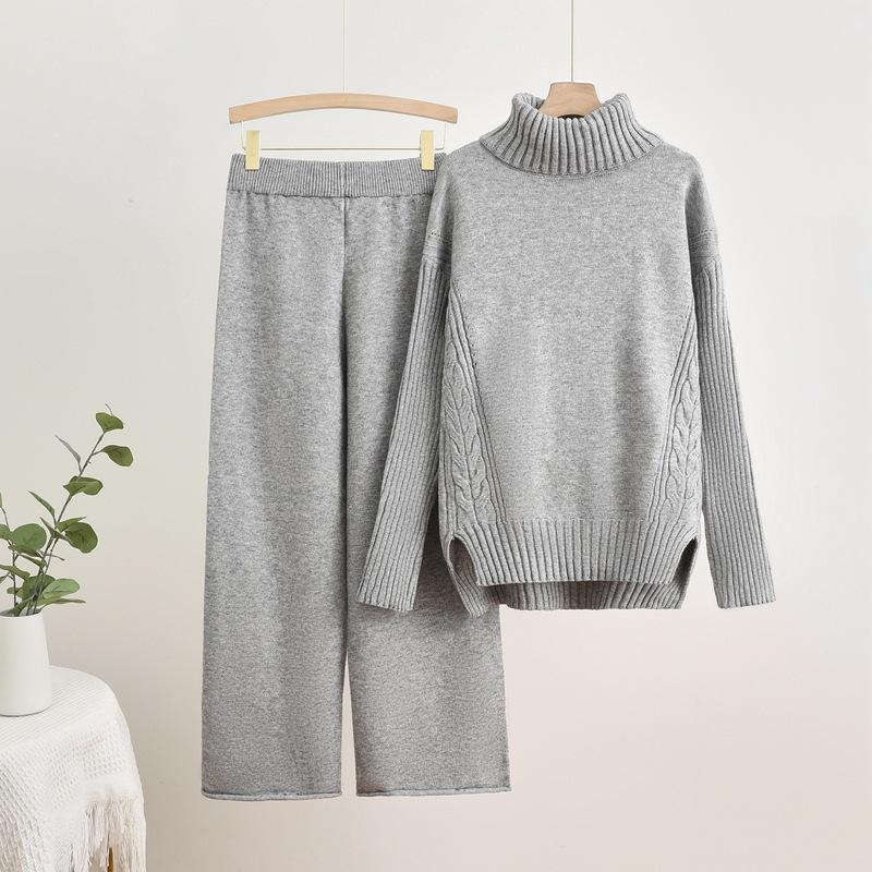Women's 2-Piece Turtleneck Knit Sweater and Coat Set Casual Loose Wide-Leg Pants Elastic Waist Outfit