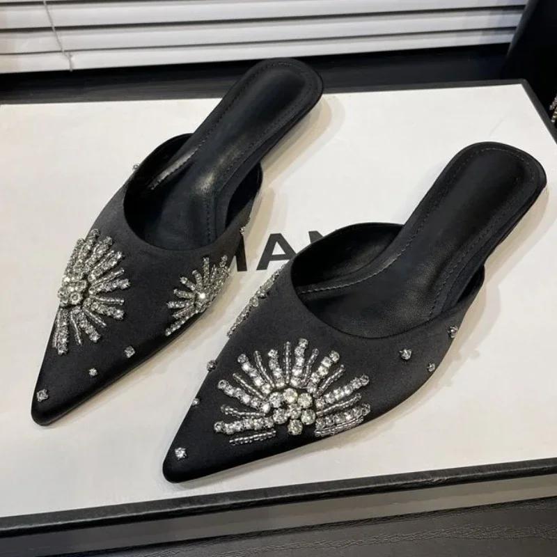 Fashion Crystal Heels Slippers Women Pointed Toe Mules Shoes Elegant Heeled Sandals 2025 Summer Party Flip Flops New Luxury Ladies
