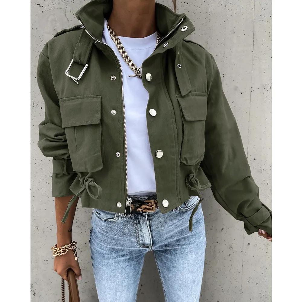 Women Jacket Clothing Streetwear Autumn Spring Elegant Slim Round Neck Solid Pocket Button Design Long Sleeve Workwear Coats
