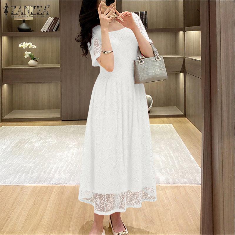 ZANZEA Elegante Spitze Damen Casual Quadratkragen Kurzarm Langes Kleid
