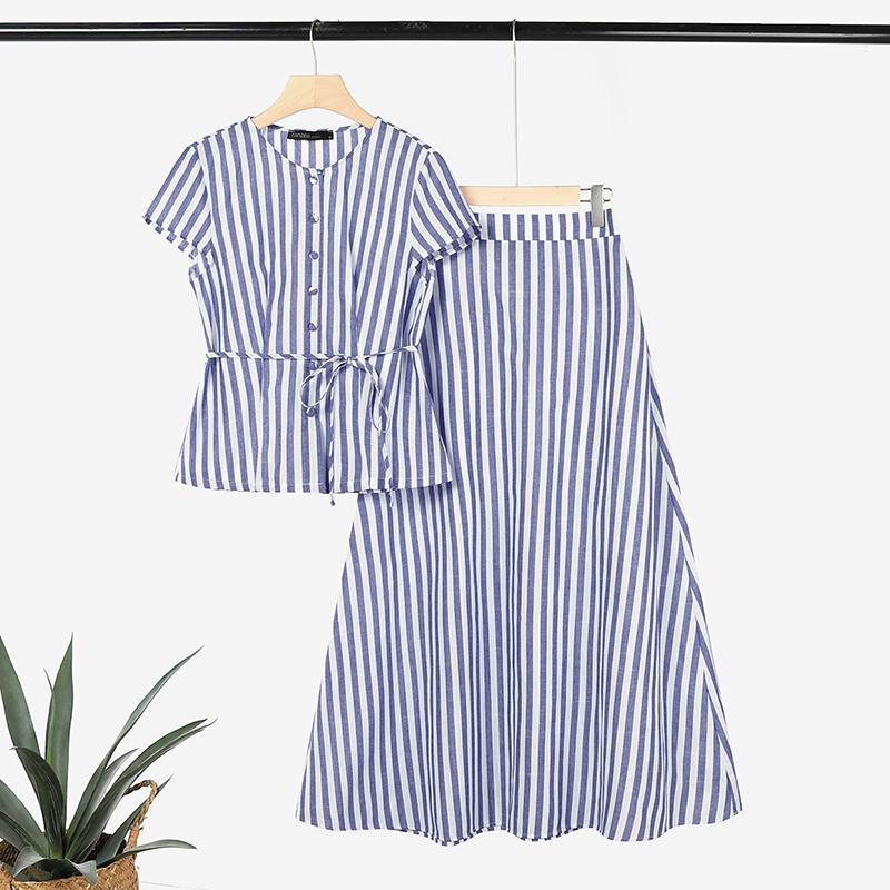 ZANZEA Women Short Sleeve Blouse and Long Skirts Stripe Print Two Piece Suit Sets