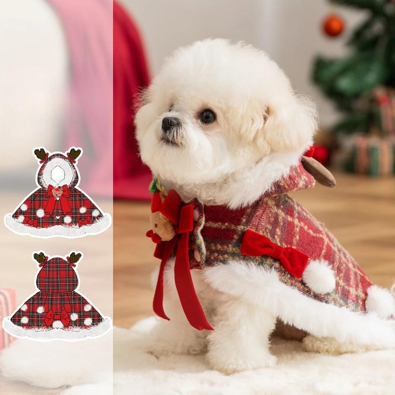 Christmas Themed Dog Clothes Winter Warm Plaid Reindeer Dog Cape with Leash Ring Pet Clothing for Small Dogs Bichon Frise Poodle