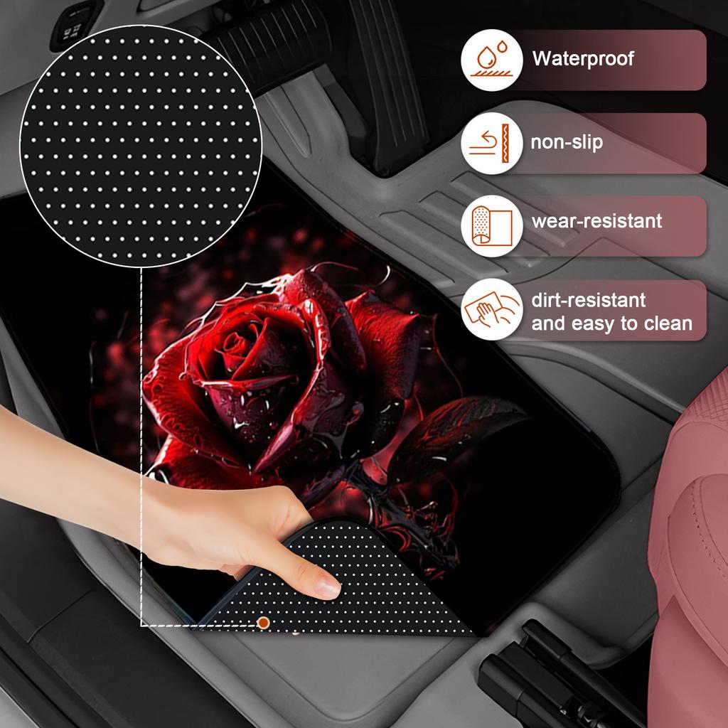 A Set of Four Universal Car Floor Mats Featuring a Rose Flower Design, Designed Both Front And Rear Seats of Any Vehicle