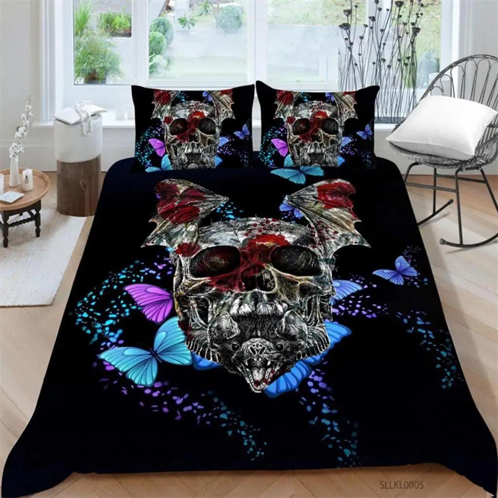 Sugar Skull Duvet Cover Gothic Skull Skeleton Bedding Set Horror Theme Comforter Cover Full King For Teens Adults Bedroom Decor