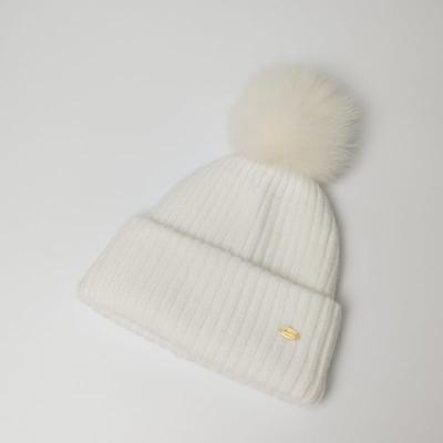 Fox Fur Pom Pom Beanie Hat - Ivory