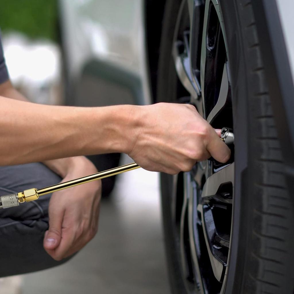 2-Way Connection 13.8" Extended Air Chuck Set, 1/4 in FNPT Straight Foot Dual Head Tire Inflate Chuck with Standard Brass Quick Plug, Tire Air