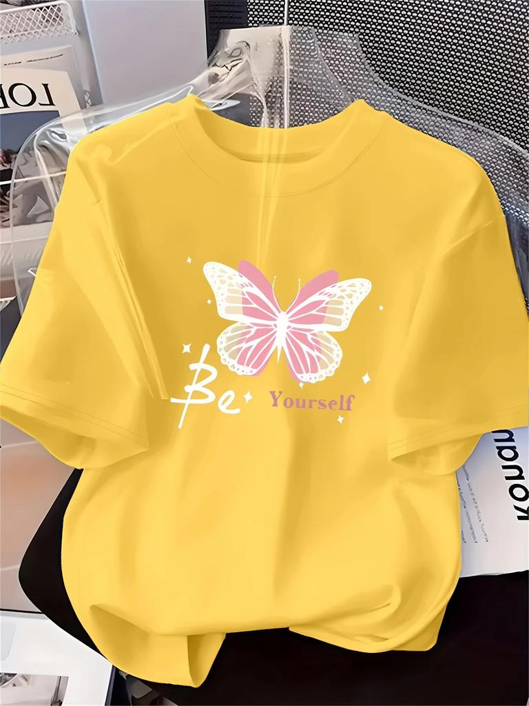 Women's Fashion Printed T-Shirt Pink Butterfly Pattern Soft Comfortable Printed Short Sleeve T-Shirt for Casual Fashionable Tops