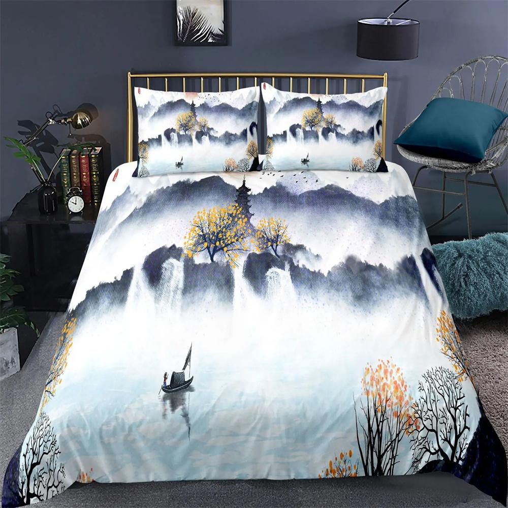 Nature Landscape Duvet Cover King/Queen Size,Chinese Ink Painting Style Bedding Set Mountain River 2/3pcs Polyester Quilt Cover
