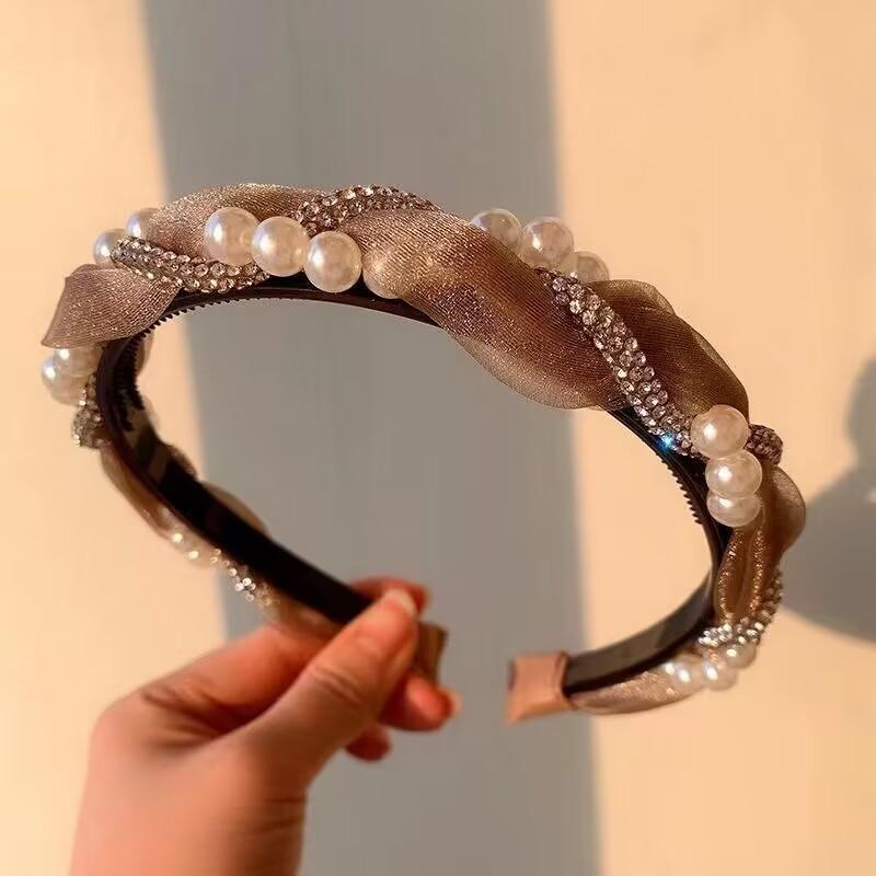 

Корейская повязка на голову с двойным жемчугом и стразами, кружевная плетеная повязка для волос, обруч для волос, ободок с кристаллами, повязки на голову для женщин и девочек, аксессуары для волос коричневый