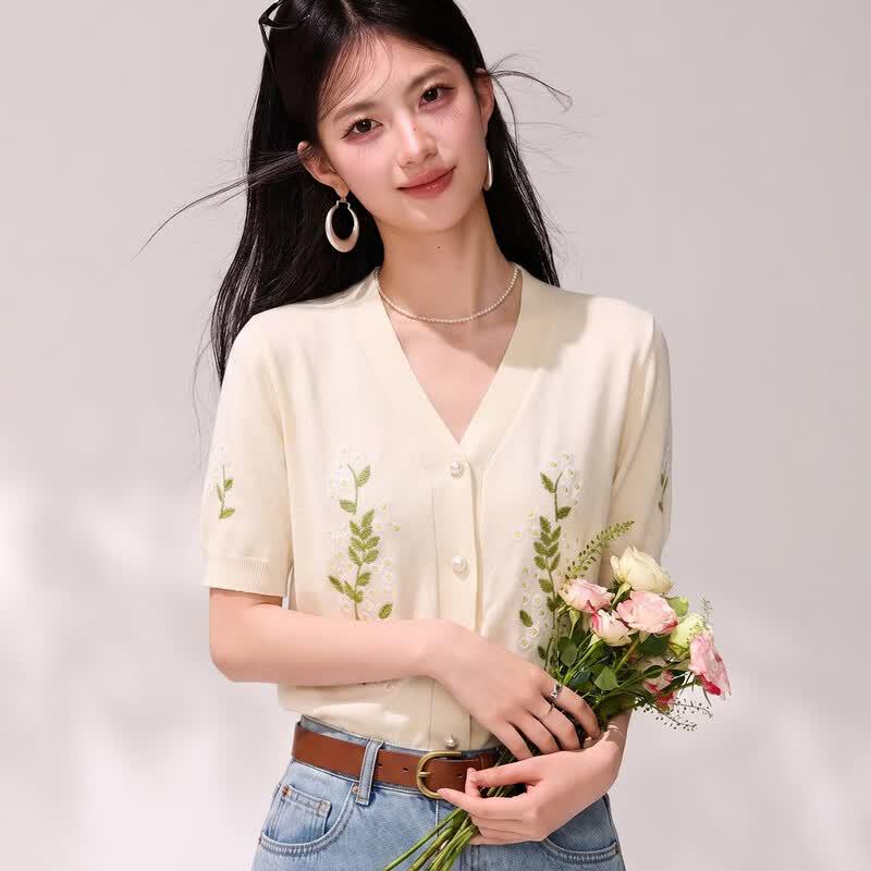 Women's Cool Touch Embroidered V-Neck Top