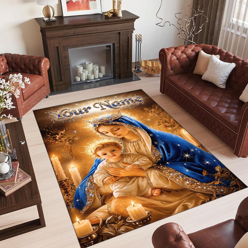 Virgin Mary Theme Crystal Velvet Rug Personalized Custom Name Text Soft Floor Mat Home Decor