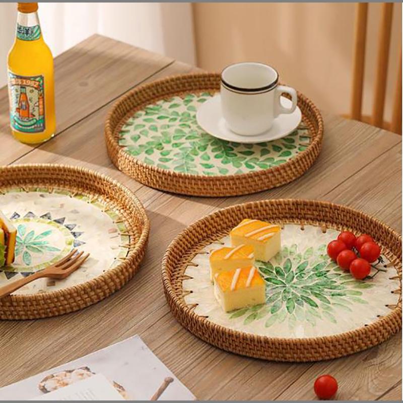 Color Shell Jewelry Cosmetics Food Teacup Storage Trays Handmade Rattan Fruit Dessert Bread Pans Round Rattan Decoration Trays