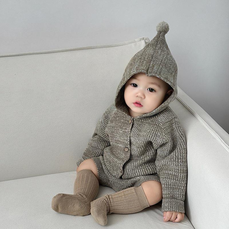 Korean Spring Hooded Knit Sweater and Romper Set for Babies - Unisex Two-Piece