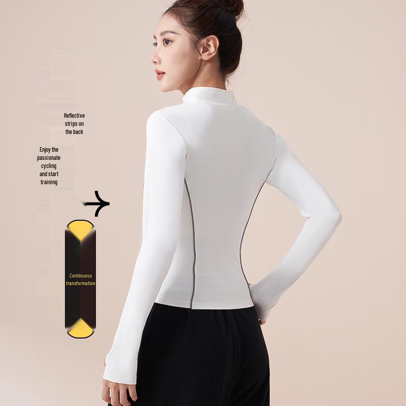 Spring Peach Sports Jacket: Stand-Up Collar, Slim Fit, Reflective, Long Sleeve, Windproof for Yoga, Running, and Cycling.