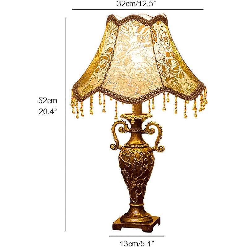 Victorian Style Table Lamp,Antique Fabric Table Lamp,European Nightstand Lamp,Decorative Desk Lamp,Floral Table Light with Fringe & Lace,Bedside