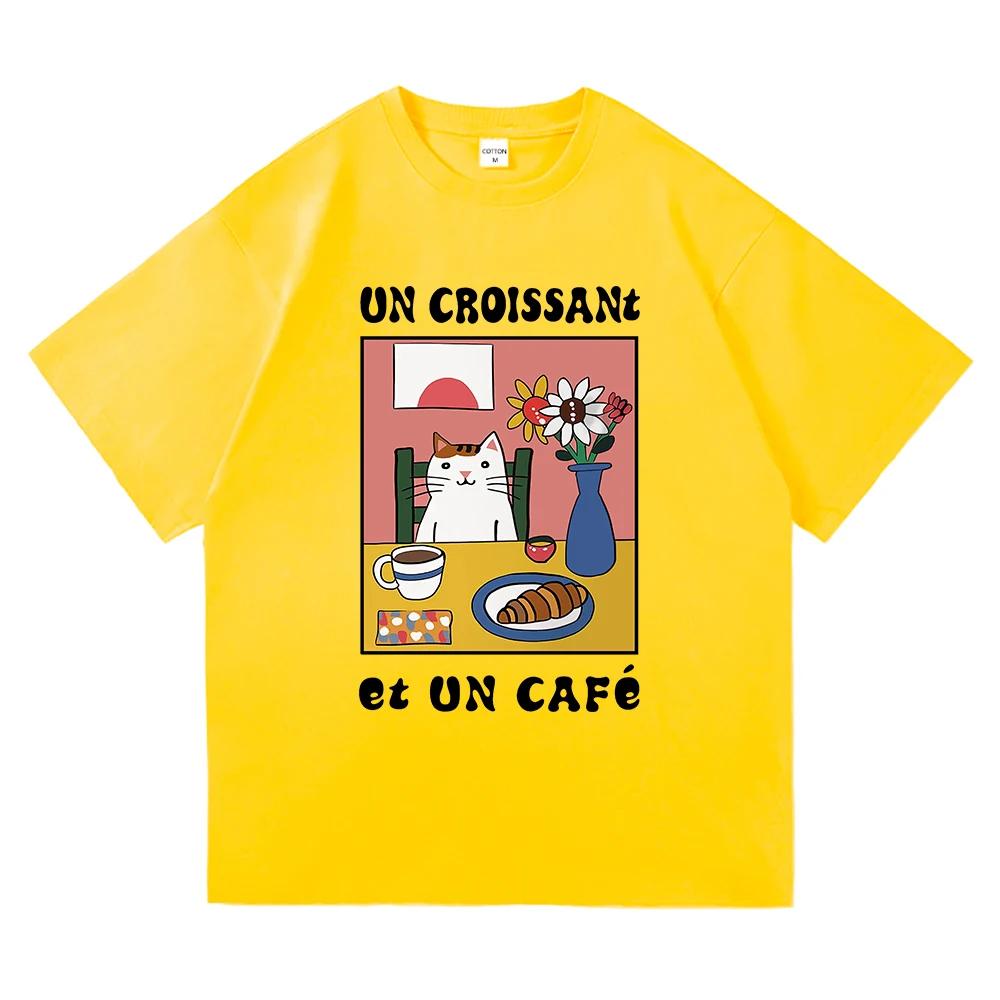 French Cafe Cat T Shirt Fashion Women Summer Funny Letter Un Croissant Et Un Cafe Tshirt High Quality Casual Cotton Tees Shirts