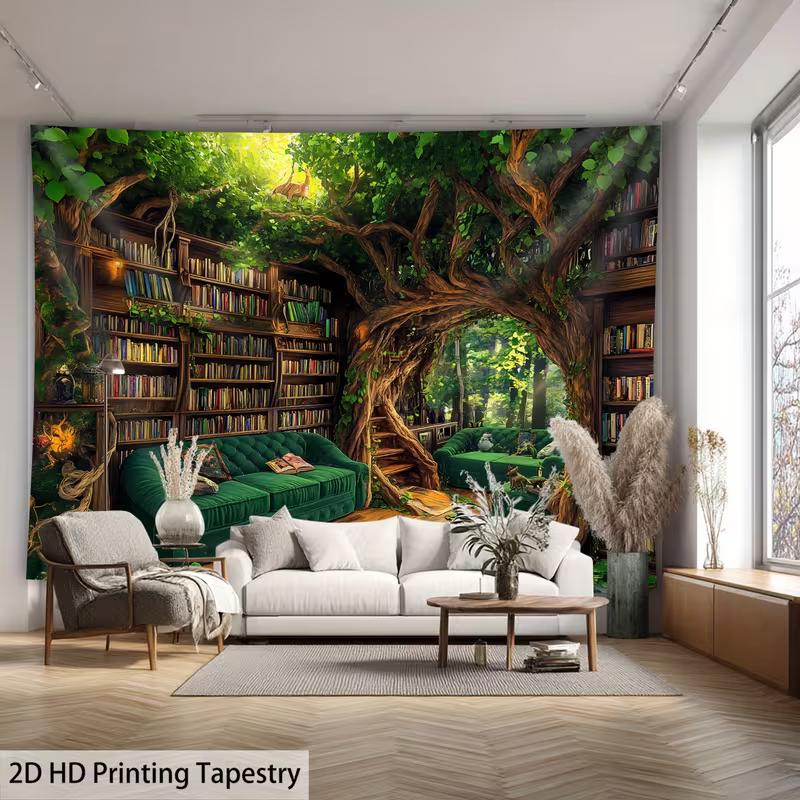 2D Magical Treehouse Library Tapestry Enchanted Forest Reading Nook Wall Hanging
