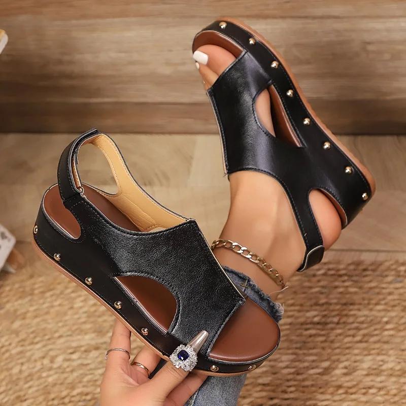 

2025 Plus Size Female Shoes Open Toe Women s Sandals Concise Casual Sandals Women Rivet Platform Wedges Outdoor Ladies Shoes 43 чёрный