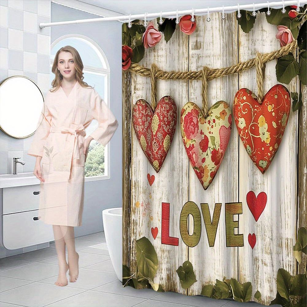 1pc Rustic Woodland Heart Shower Curtain - Vintage Polyester, Red & Green Letters, Ivy Roses,  12 Hooks, Washable, All-Season