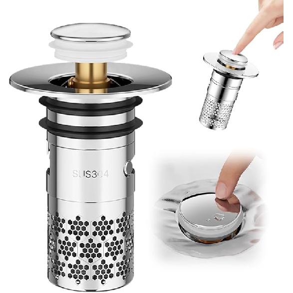 2025 Upgraded Bathroom Sink Stopper Hair Catcher, Stainless Steel Floor Drain Strainer, Pop-Up Sink Drain Strainer with Removable Strainer Basket,