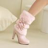 Fashion Black High Heels Mid-calf Boots for Women Faux Fur and Bow-knot Sweet White Pink Winter Women Shoes Platform Boots